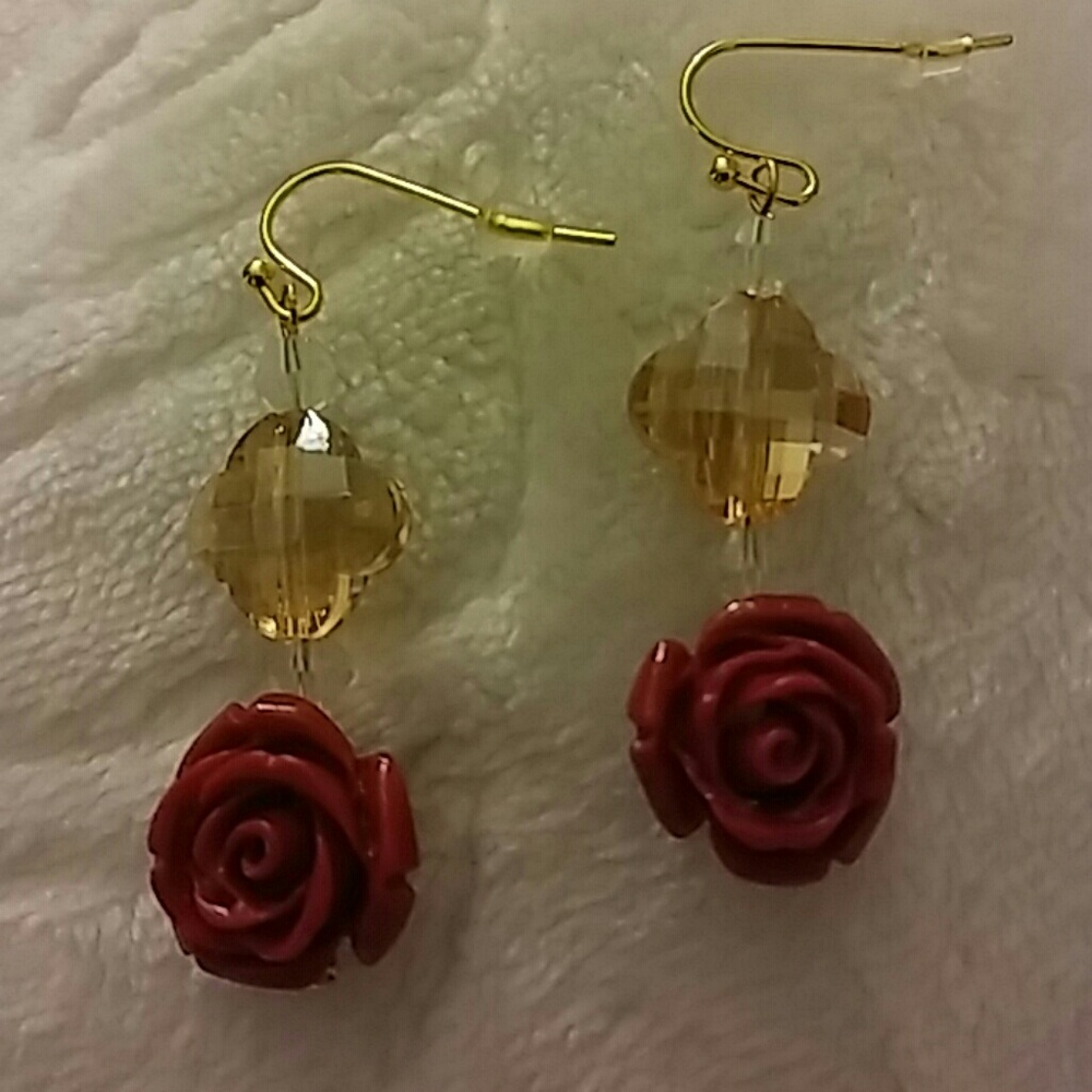 🌹 Rose with Gold & Crystal Dangle Earrings